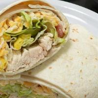 Mexican Chicken Wrap · Crispy chicken, mozzarella cheese, lettuce, pico de gallo and chipotle sauce.