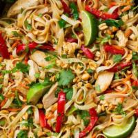 Fish Pad Thai · Stir-fried rice noodles with fish, scallions, bean sprouts, scrambled egg, and crushed peanu...