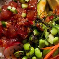 Ahi Tuna Poke Bowl · Sushi grade ahi tuna, spicy sesame seaweed, cucumber,  edamame, carrots, avocado, soy sauce,...