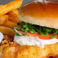 Crispy Fish Sandwich · Crispy breaded cod fish with tomato, onion, lettuce, tartar sauce, served with french fries,...