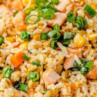 Salmon Fried Rice (New) · Chopped salmon filet, onion, green pea, carrots, corn, egg, Japanese white rice