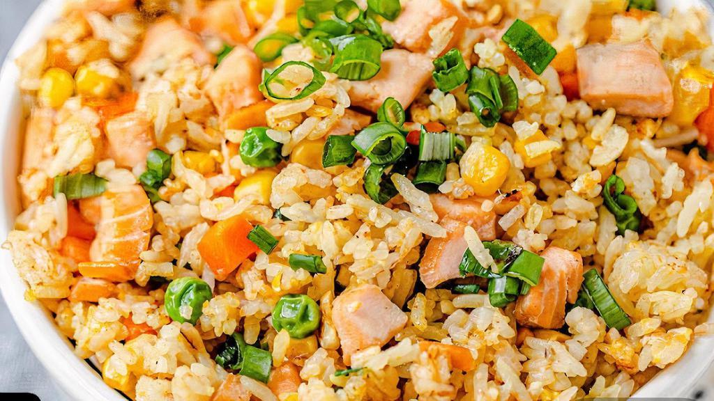 Salmon Fried Rice (New) · Chopped salmon filet, onion, green pea, carrots, corn, egg, Japanese white rice