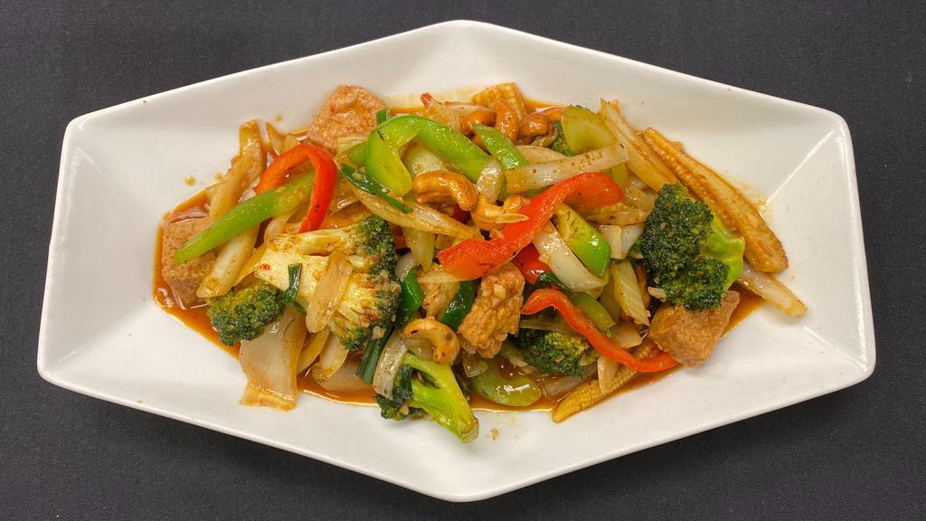 Pad Cashew · Sautéed with bell peppers, cashew nuts, celery, onions, and scallions.