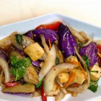 Jay Ma Khoa · Deep-fried eggplant, carrots, onions, red bell peppers, and tofu sautéed with basil leaves a...