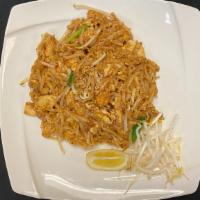 Pad Thai · Stir-fried thin Thai noodles with eggs, chopped turnips, crushed peanuts, bean sprouts, tofu...