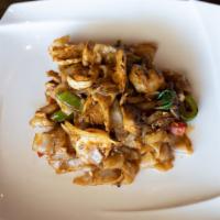 Pad Kee Mao Shrimp & Chicken (Drunken Noodle) · Sautéed broad rice noodles with shrimp, chicken, basil leaves, onions, mushrooms, bell peppe...