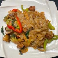 Vegetables Kee Mao (Drunken Noodle) · Sautéed vegetables and tofu with broad rice noodles basil leaves, onions, mushrooms, bell pe...
