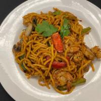 Seafood Noodles · Stir-fried egg noodles with shrimp, squid, crab sticks, mushrooms, bell peppers, onions, and...