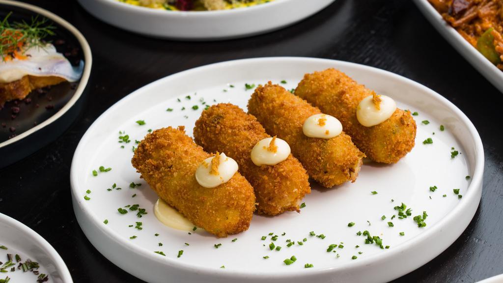 Croquetas · Daily croquettes, seasonal aioli. (Contains dairy, contains gluten). *If you have any severe food allergies (I.E. Celiac disease), please contact the restaurant directly for further menu advisement.