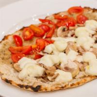 Vegeterian Truffle · Fresh mozzarella, urbani artichoke-and-truffle cream, grape tomatoes, organic cremini mushro...
