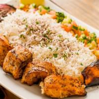 Salmon Kabob (A La Carte) · Fresh salmon lightly marinated in herbs and spice mix and broiled on a skewer.