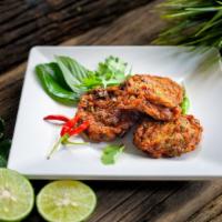Thai Fish Cakes · Deep fried homemade fish cakes with cucumber peanut chaat.