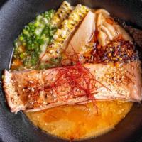 Spicy Salmon Miso Ramen · Spicy creamy miso broth | grilled glazed miso salmon | corn | bamboo | scallion | sesame see...
