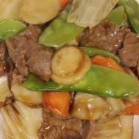 Beef With Chinese Vegetable · Bok choy, carrot, waterchestnut, snow peas in brown sacue. Served with white rice.