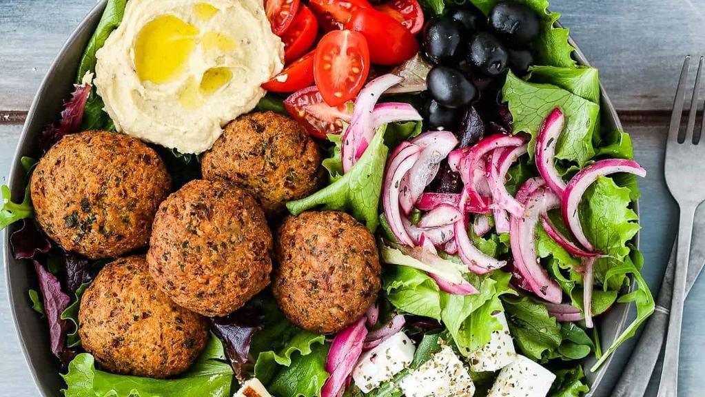Vegan Falafel Bowl · Falafel balls come with Greek veggie salad and rice and pita bread and choice of sauce