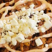 Greek City Special  · Chicken gyro over Greek fries with home made pink sauce and sprinkled with feta and dollop o...