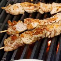 Chicken Souvlaki- Grilled · Diced Chicken cubes marinated with greek spices on a stick- grilled - one piece per serving