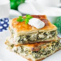 Spinach Pie- Spanikopita · Phyllo Pastry with vegan feta cheese and spinach.