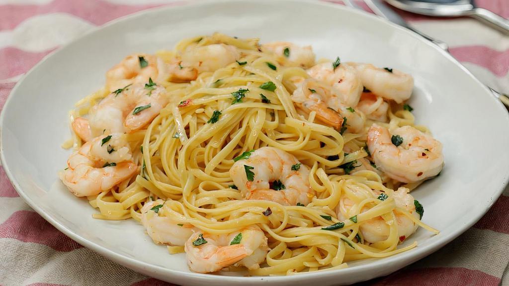 Linguine With Scampi Sauce · Lemon juice, white wine, garlic, thyme, butter, Parmesan cheese. Served with fresh bread, choice of optional protein and vegetable add-on's.