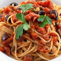 Puttanesca · Homemade tomato sauce, olives, capers, anchovies, carrots, Parmesan cheese. With choice of p...