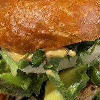 Chicken Torta Sandwich · Grilled chicken on a brioche bun with chipotle mayonnaise, tomato, lettuce, avocado, jalapeñ...