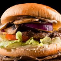 Cowboy Burger · Delicious Burger served on a fresh Kaiser Round roll. Topped with Grilled mushrooms, grilled...