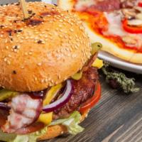 Pizza Burger · Burger with tomato sauce, cheese, and toppings found on a pizza.