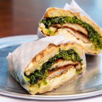 Chicken Mediterranean Panini · Lemon grilled chicken, feta cheese, sautéed spinach, and olive tapenade.
