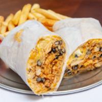 El Burrito Loco Wrap · Jam-packed with chicken and steak, brown rice, black beans, hot sauce, sour cream, melted Ja...