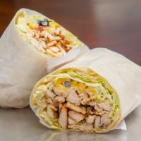 Cajun Chicken Wrap · Sliced Cajun chicken breast, roasted corn, black beans, Jack cheese, lettuce, tomatoes, and ...