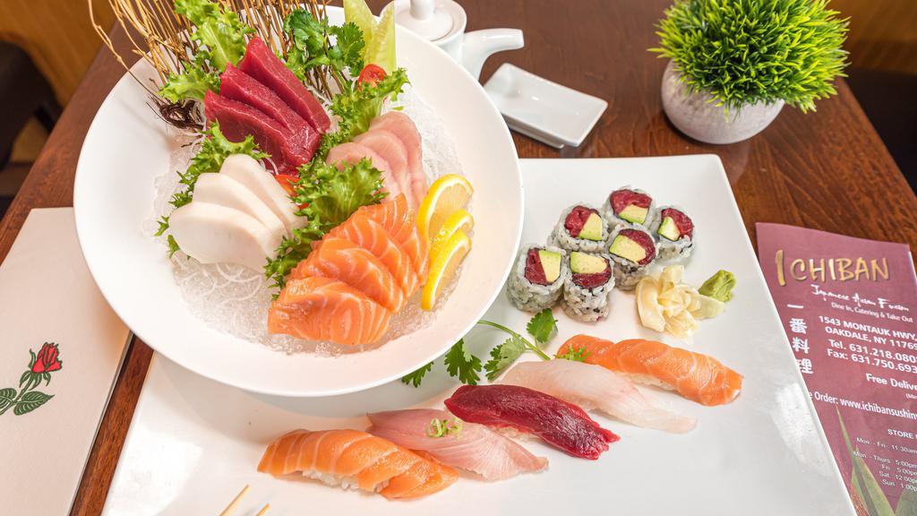 Sushi & Sashimi Combo · 13 pieces of sashimi, 5 pieces of sushi, and 1 tuna avocado. Served with miso soup or salad.