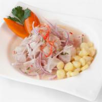 Ceviche · Marinated in lime juice and peruvian limo peppers | cancha | sweet potato | choclo corvina.
