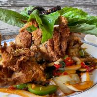 Soft Shell Crab Basil · Crispy batter fried soft shell crab, chili, onion, bell pepper, and basil leaves. (spicy)