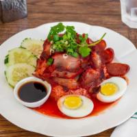 Kao Moo Dang · Roasted BBQ pork, Chinese sausage, hard-boiled egg, and cilantro with thick seasoned gravy o...
