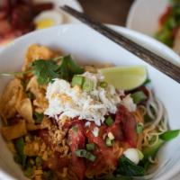 Bamee Moo Dang Poo · Egg noodle, roasted BBQ pork, beansprouts, Chinese broccoli, scallion, cilantro, and topped ...
