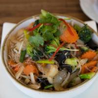 Eight Secret · Vegetarian. Sautéed glass noodle, black mushroom, scallion, celery, carrot, onion, broccoli,...