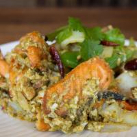 Talay Pad Pong Karee · Stir-fried shrimp, squid, salmon, imitation crab sticks, egg, onion, Chinese celery, bell pe...