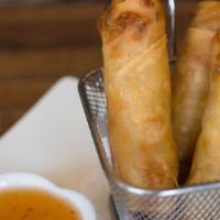 Crispy Spring Rolls · Vegetarian. Cabbage, carrots, mushrooms, celery, and glass noodles. Served with plum sauce.