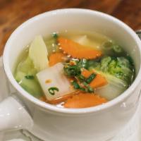 Tom Juad · Gluten-free. Napa cabbage, tofu, glass noodles, and scallions in clear broth.