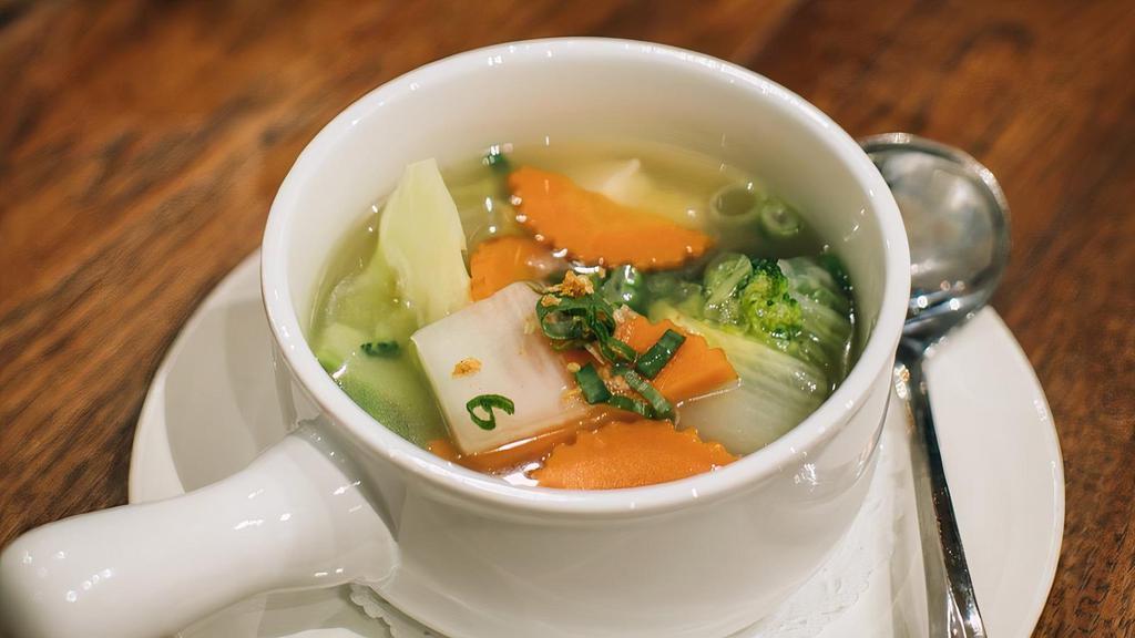Tom Juad · Gluten-free. Napa cabbage, tofu, glass noodles, and scallions in clear broth.