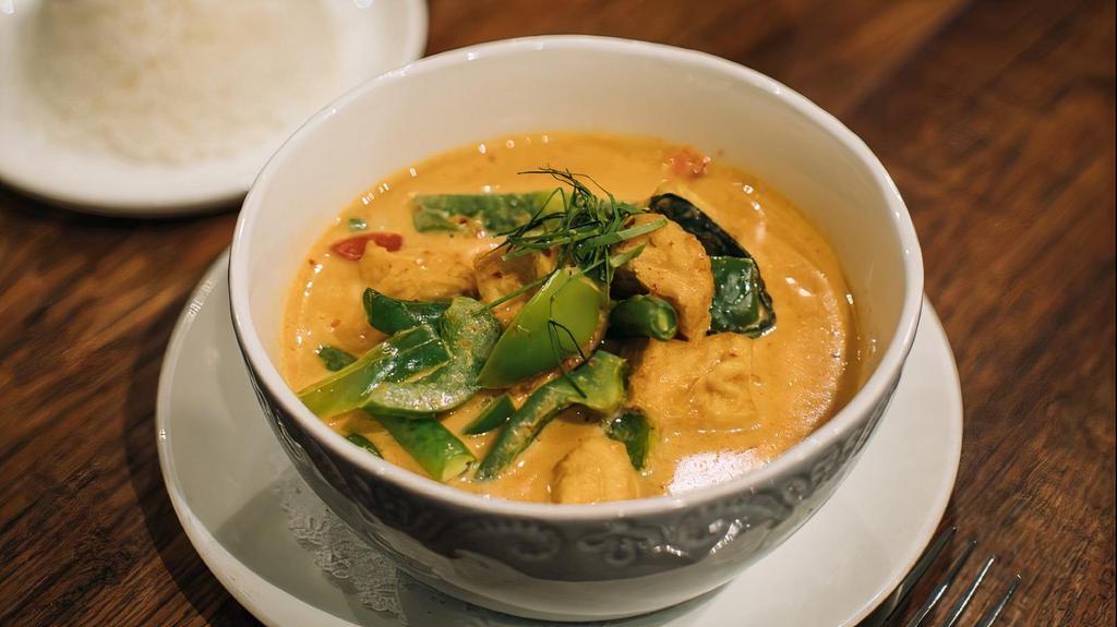 Panang Curry · Gluten-free. Bell pepper and kaffir lime leave with coconut milk.