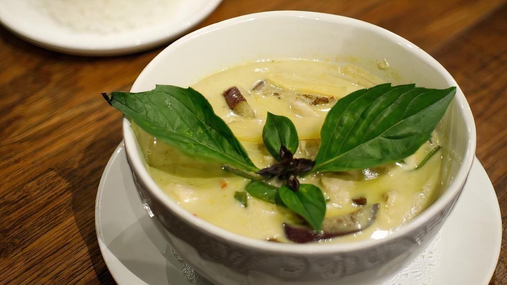 Green Curry · Gluten-free. Eggplant, bamboo shoots, bell pepper, and basil leaves with coconut milk.