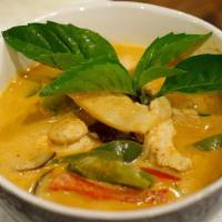 Red Curry · Gluten-free. Eggplant, bamboo shoots, bell pepper, and basil leaves, with coconut milk.