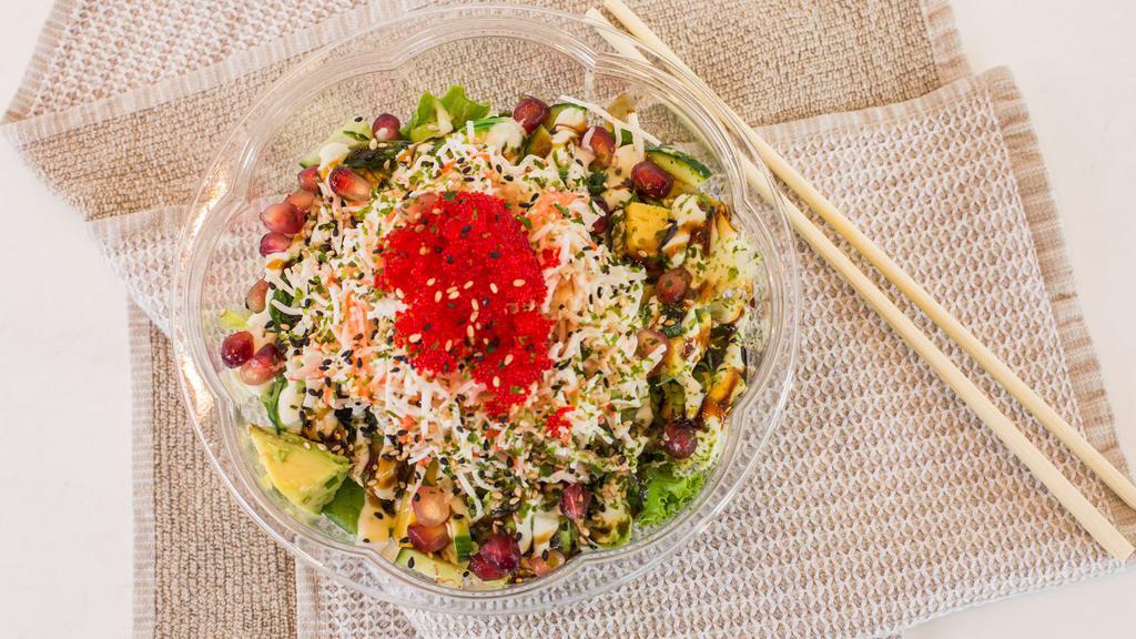 Sunshine Poke · Crab salad, tobiko, avocado, cucumber, tamago, seaweed salad, scallion, pickled ginger, sesame, teriyaki, yuzu kosho mayo.