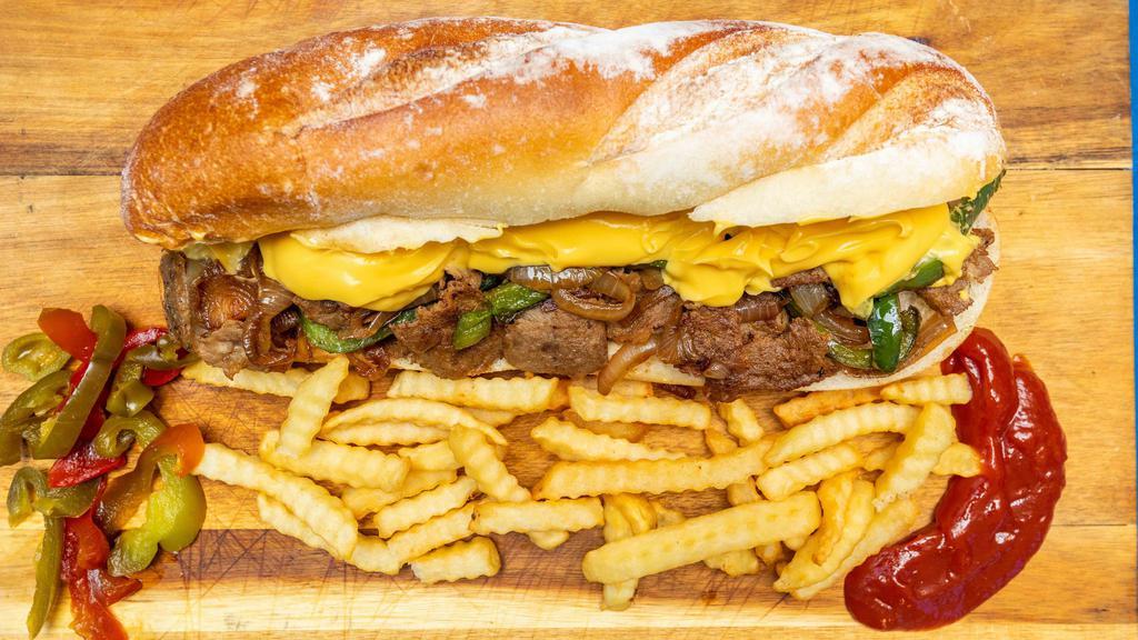 South Philly Cheesesteak · Original Philly steak, bell peppers, caramelized onions, cheese whiz French fries.