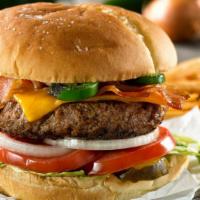 Mexican Burger · Delicious burger prepared with fresh avocado, hot jalapeno, cheddar cheese, chopped tomato, ...