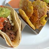 Tacos Dinner Version (3 Tacos) · Choice of 3 fillings: ropa vieja (shredded flank steak), chicken or pernil. Can be mixed. Al...