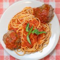 Pasta Con Polpette · With meatballs and tomato sauce.