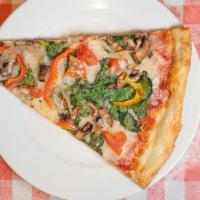 Vegetarian Pizza · Mushrooms, spinach, peppers, onions and broccoli with mozzarella cheese.