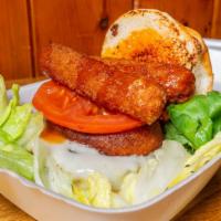Bing Bong Fyl Burger  · Cheese burger Topped with Swiss cheese Mozzarella sticks onion ring Lettuce Tomatoes and Bos...